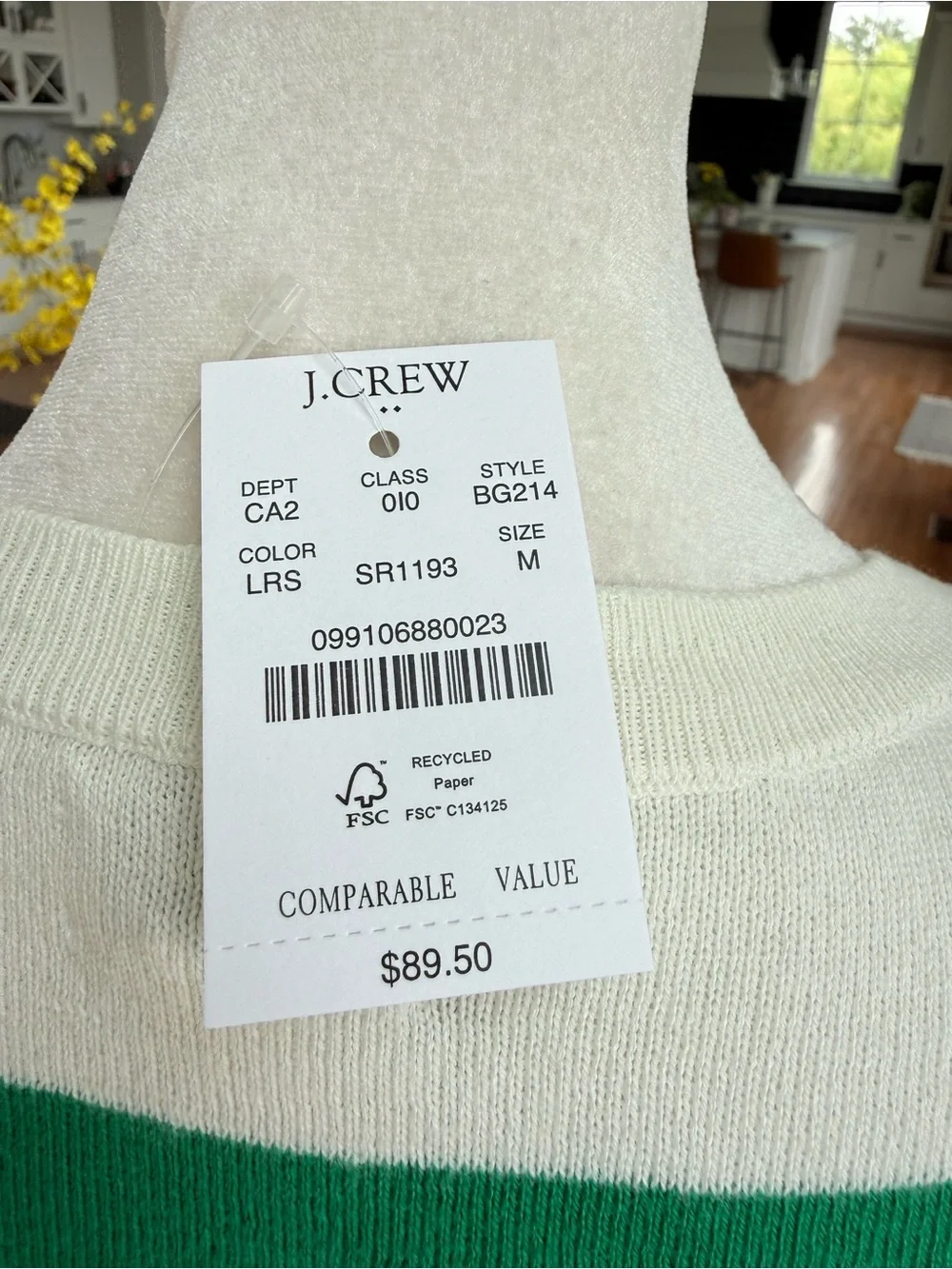 J. Crew Green and White Striped Scoop-Neck Sweater